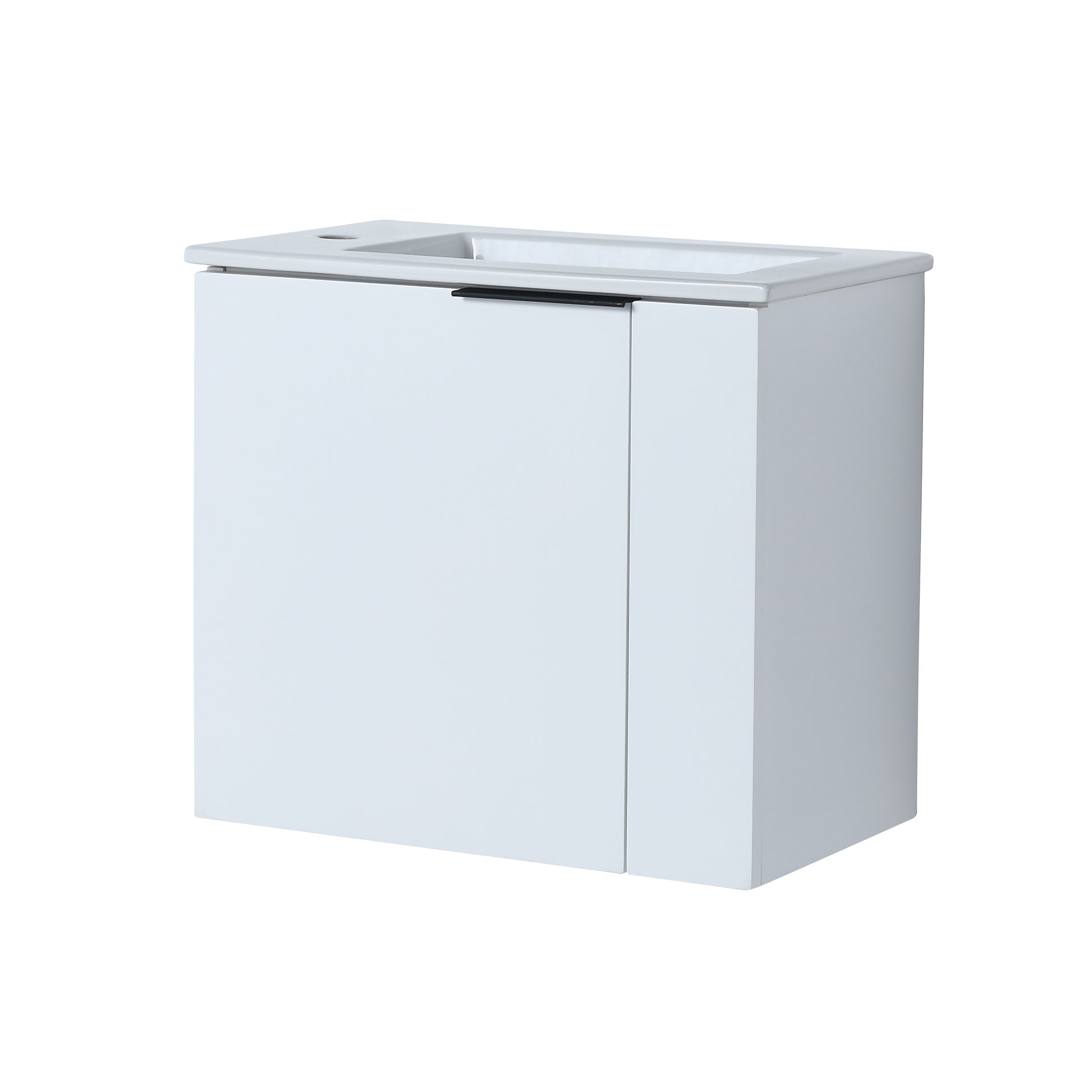 White modern bathroom vanity cabinet with integrated sink and black handle