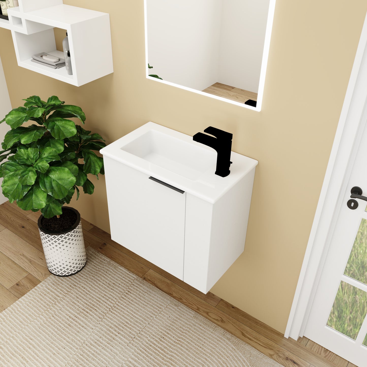 Modern white vanity cabinet with black faucet and integrated sink for contemporary bathrooms