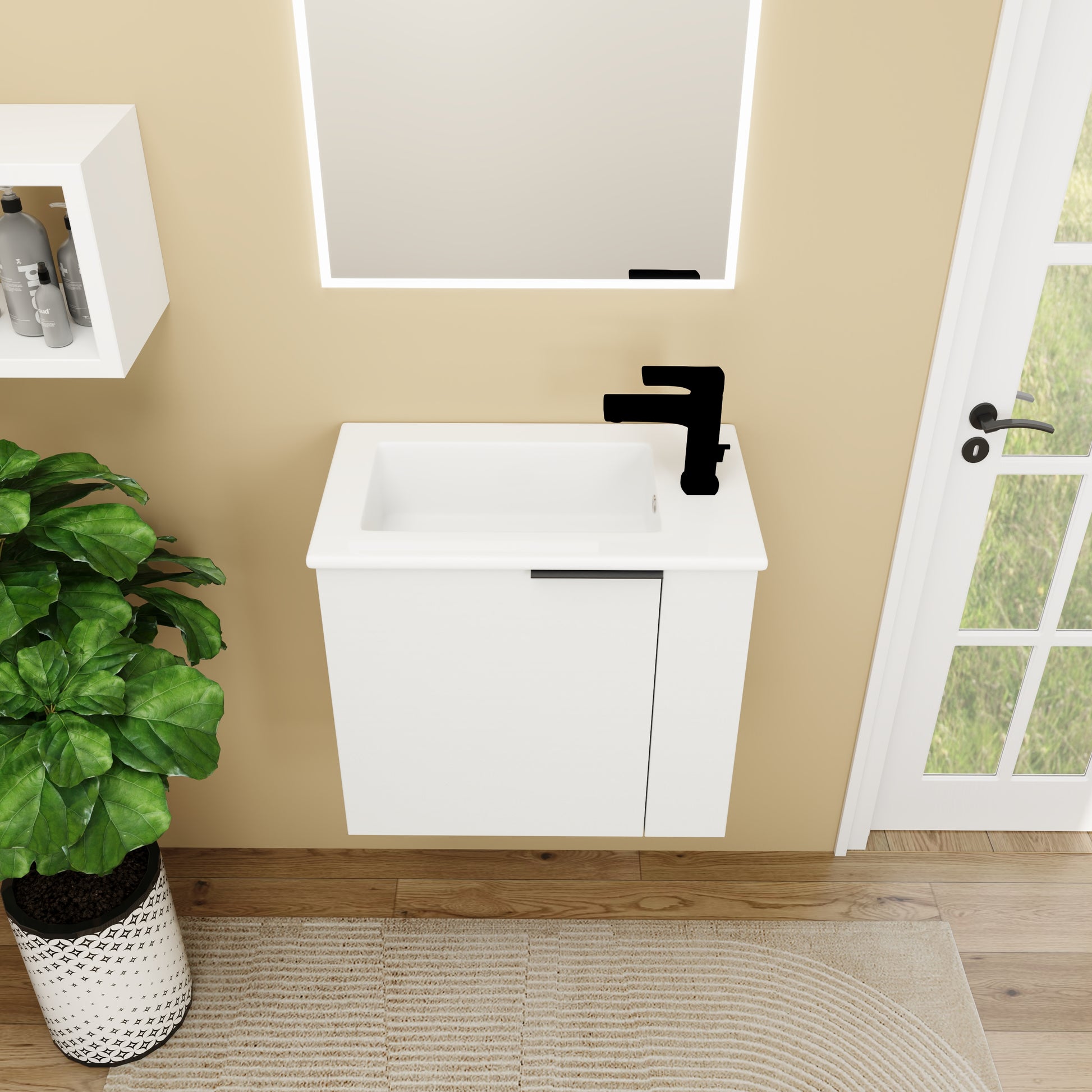 Modern white vanity with black faucet and minimalist design
