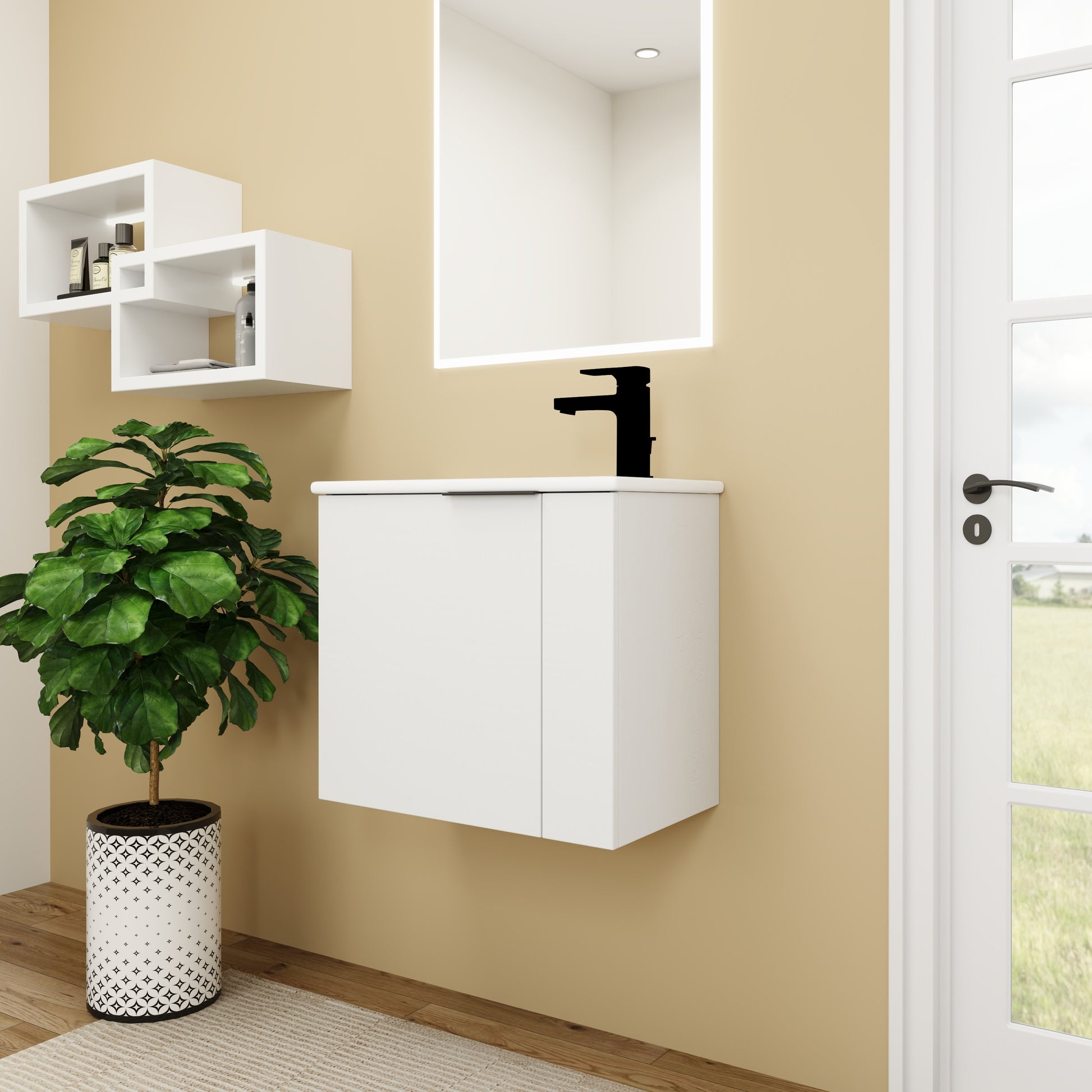 Modern white wallmounted vanity with a black faucet and integrated LED mirror