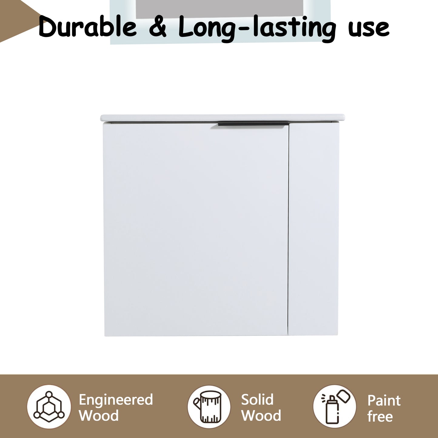 Modern white engineered wood vanity cabinet with sleek black handle