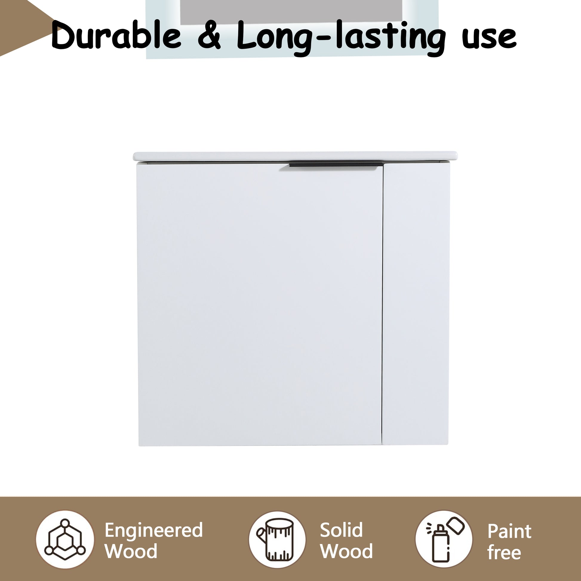 Modern white engineered wood vanity cabinet with sleek black handle