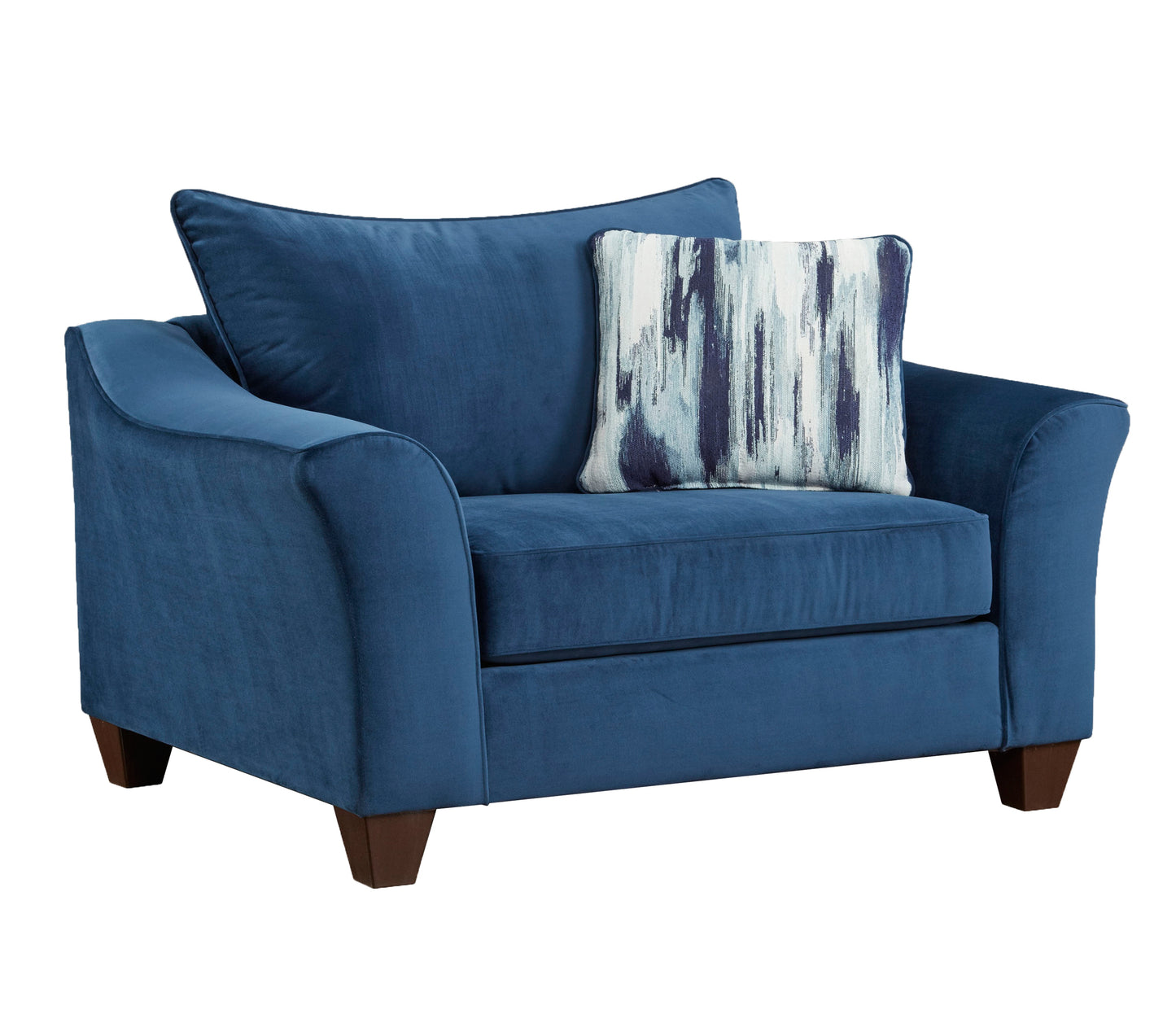 Navy blue velvet accent chair with a textured abstract pillow for modern living rooms