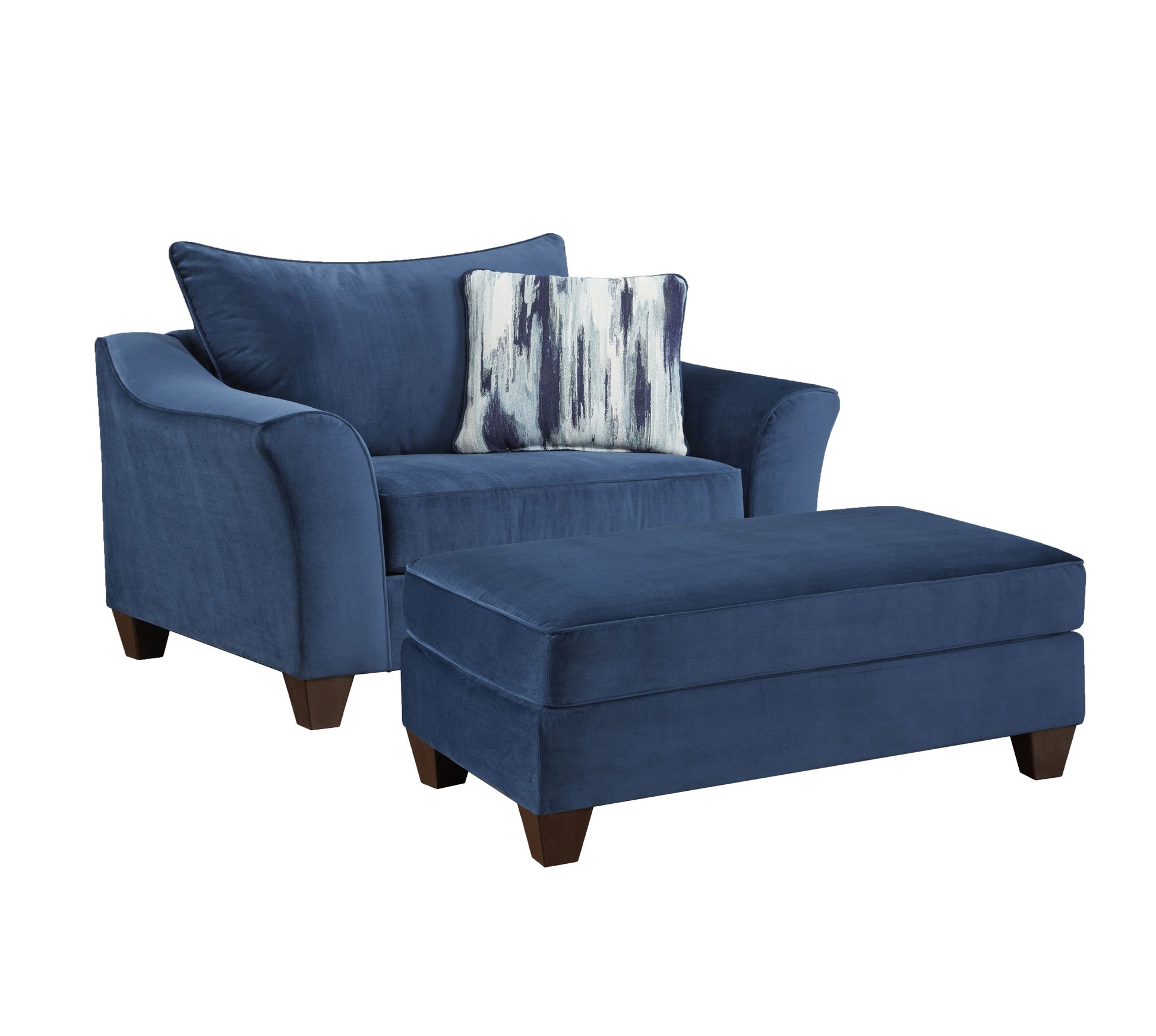 Plush navy blue velvet accent chair with matching ottoman and abstract art pillow