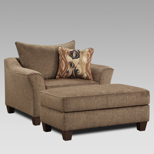 Brown fabric chaise lounge with patterned accent pillow for living room comfort