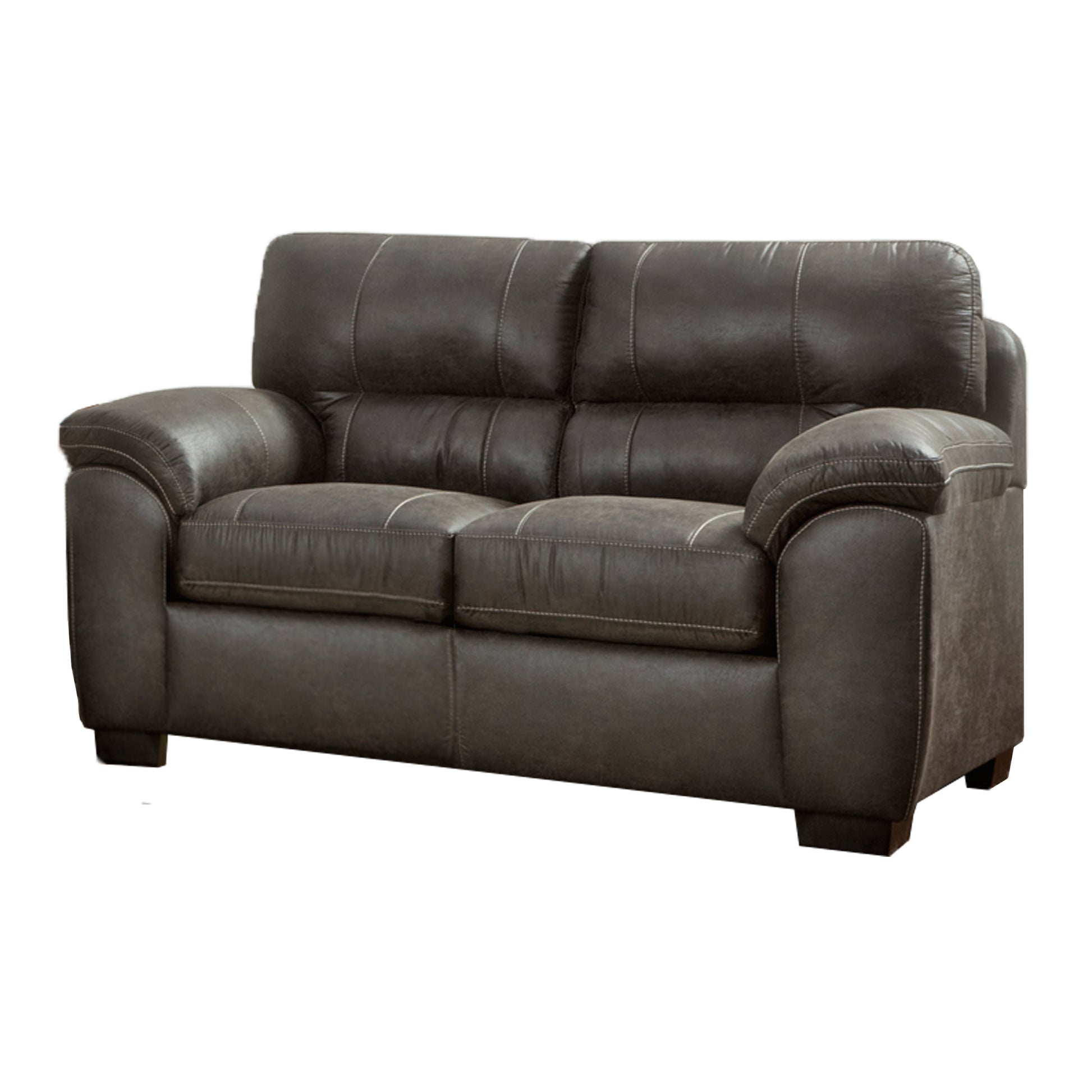 Dark brown faux leather loveseat with stitched detailing and plush cushioning
