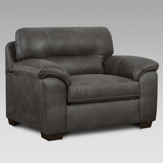 Deep charcoal grey recliner armchair with plush cushions and decorative stitching