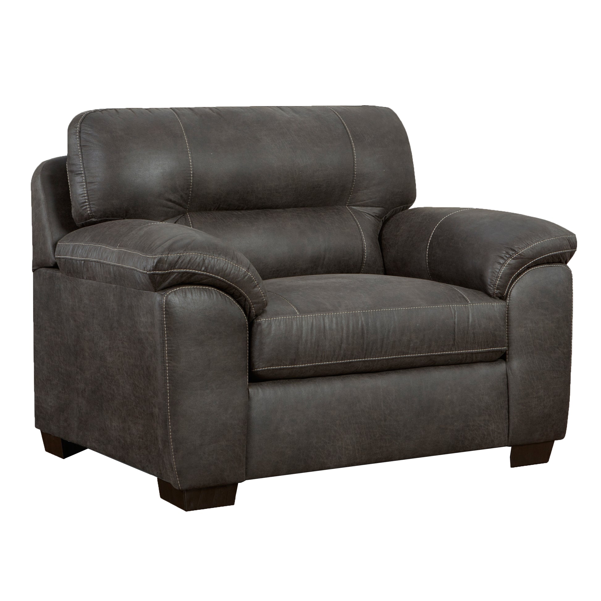 Plush dark gray leather accent chair with detailed stitching and padded arms