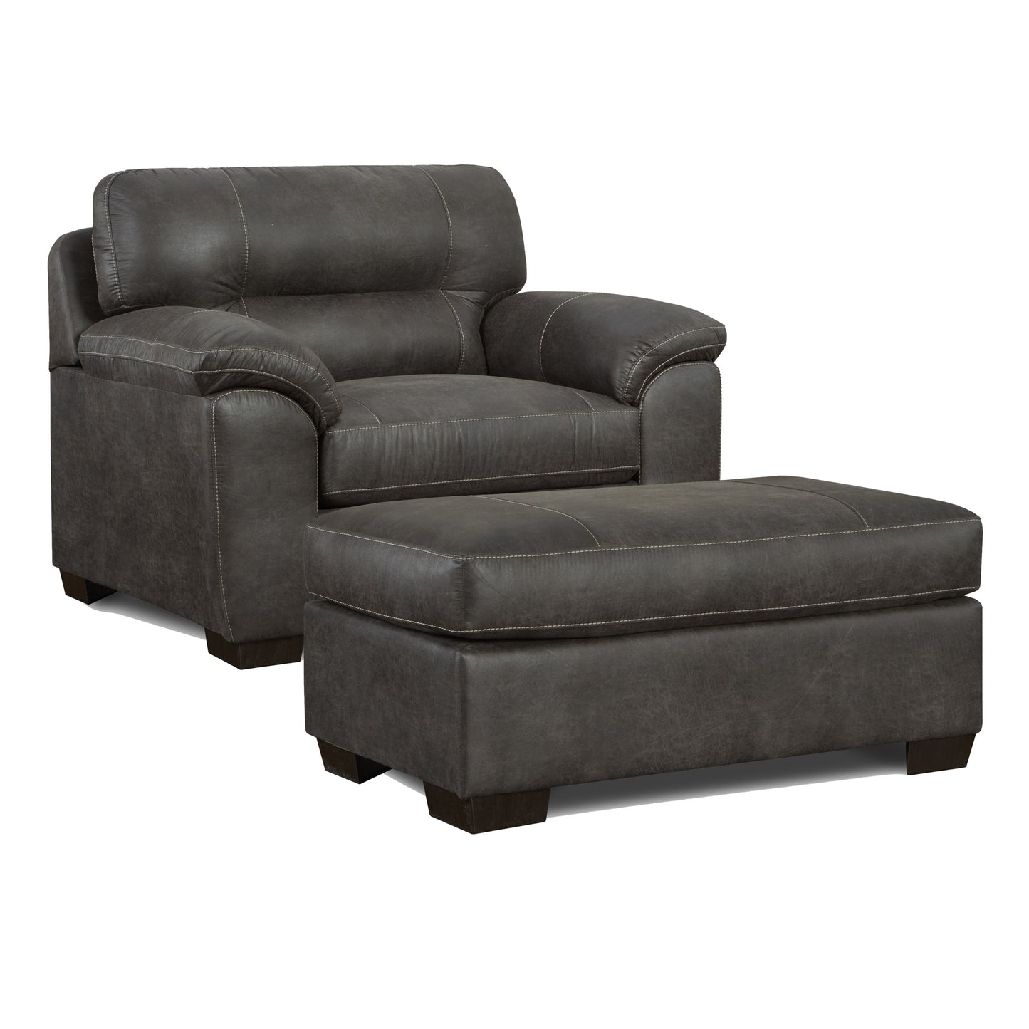 Dark gray leather armchair and matching ottoman with contrast stitching perfect for living room comfort