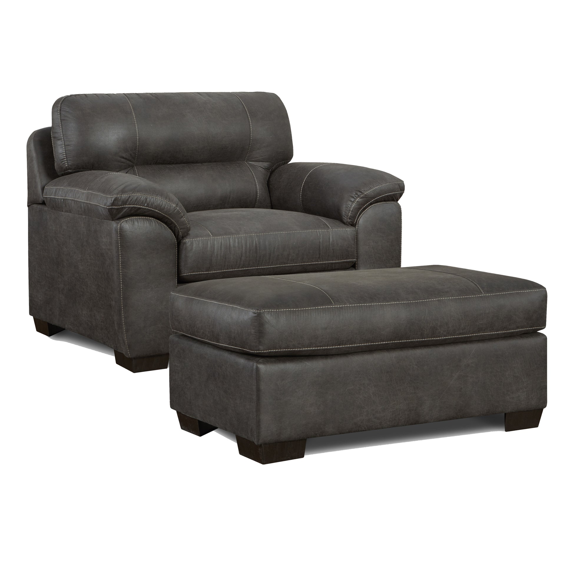 Dark gray leather armchair and matching ottoman with contrast stitching perfect for living room comfort