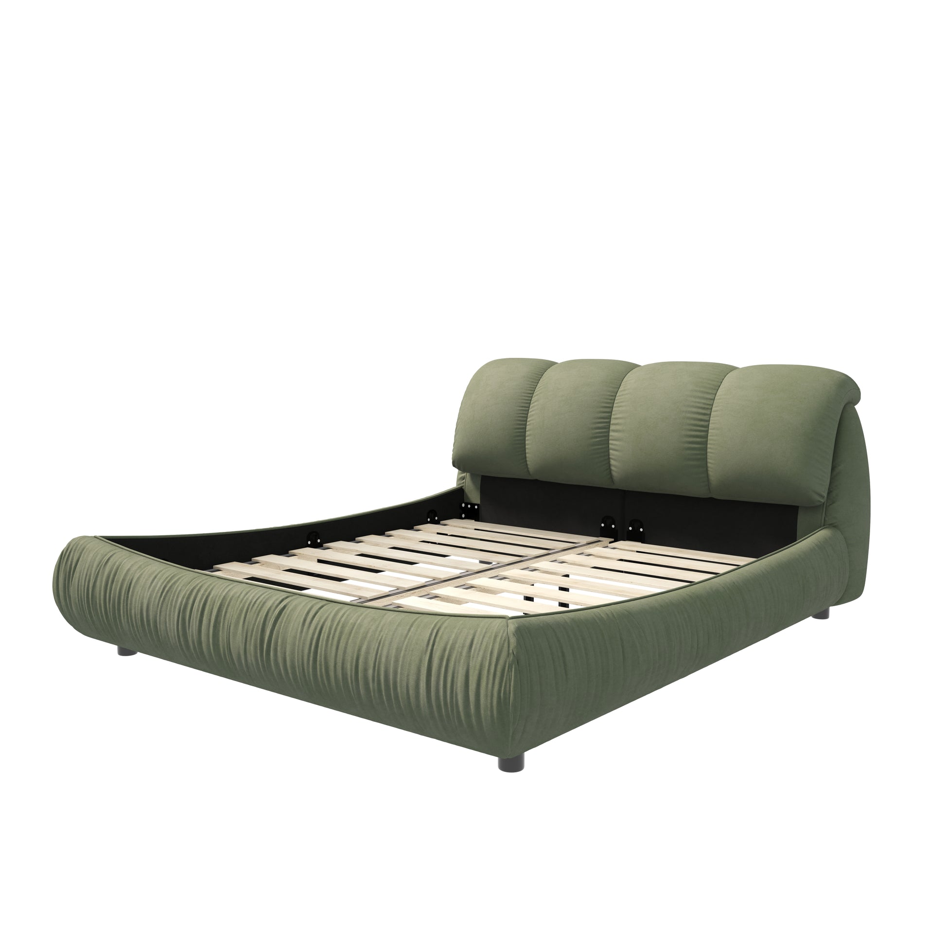 Sage green upholstered bed frame with curved headboard and wooden slats