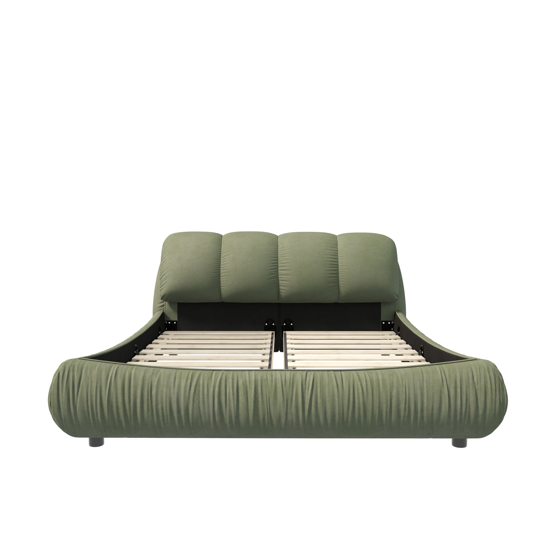 Sage green tufted upholstered bed frame with wooden slats and black cylindrical legs
