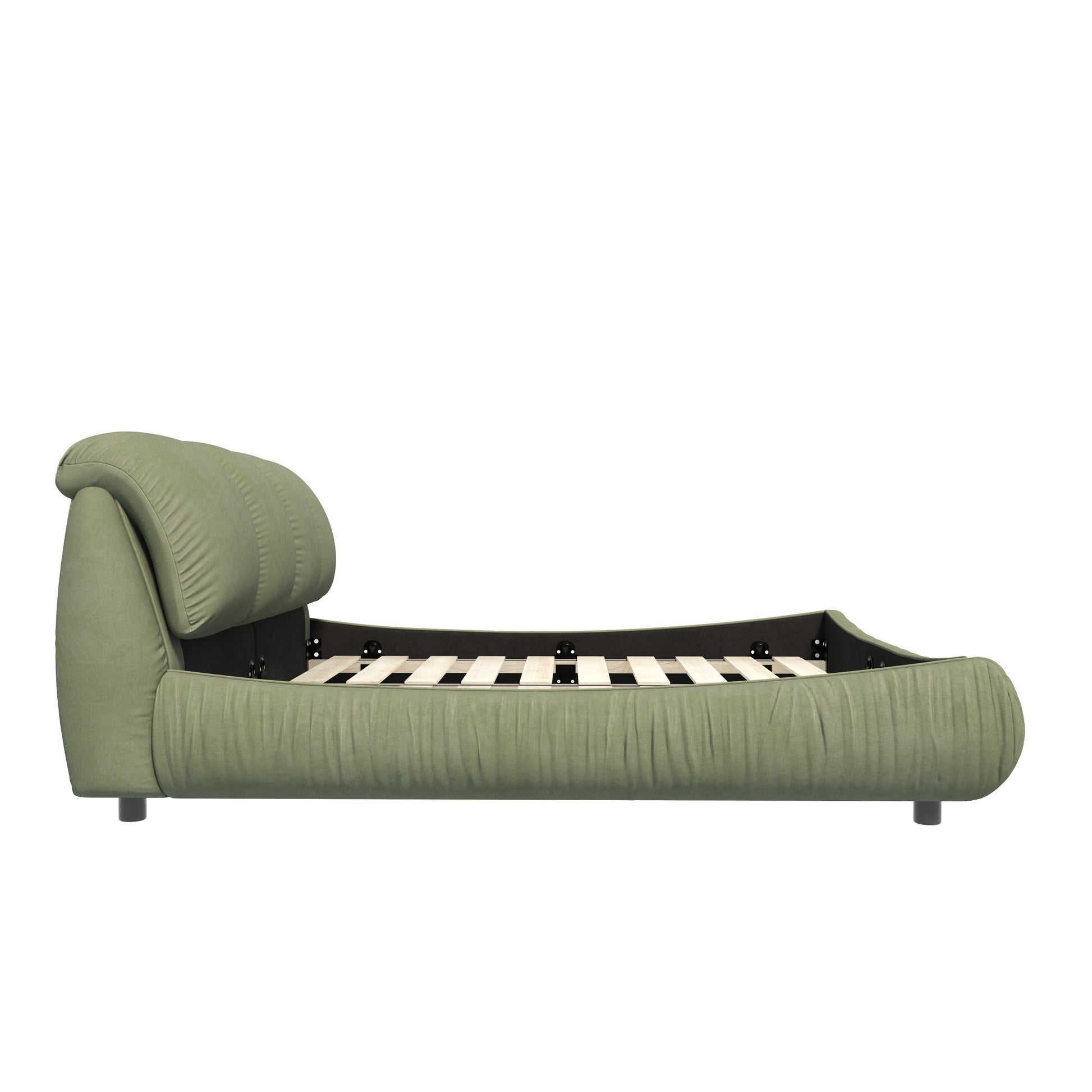 Sage green velvet bed frame with tufted headboard and slat support