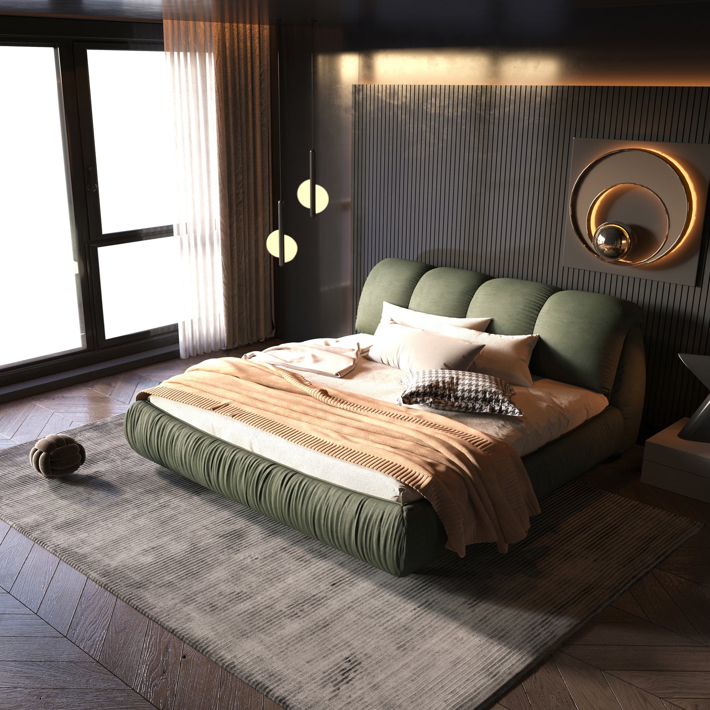 Plush green velvet bed with salmon throw blanket modern bedroom decor