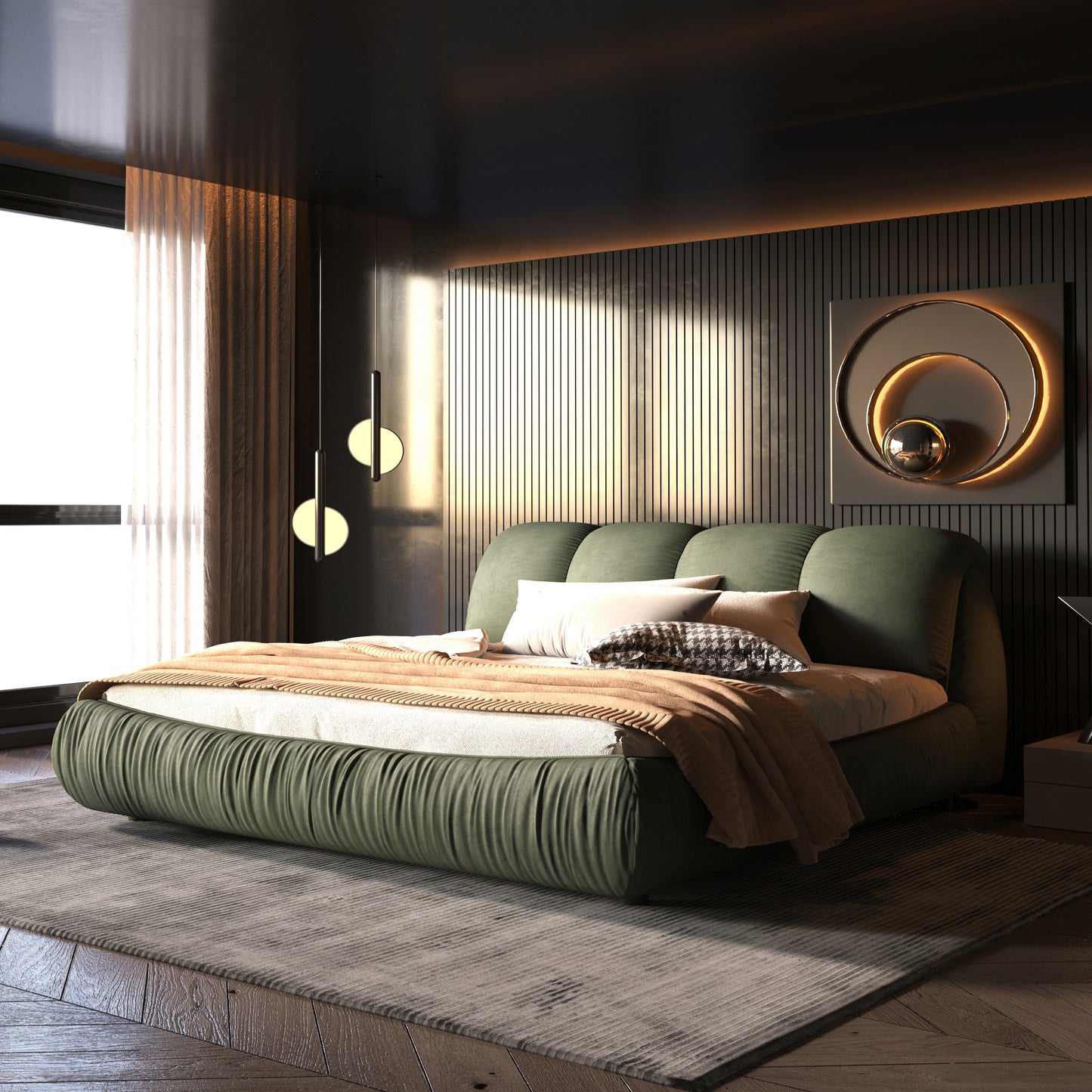Green velvet tufted king bed with orange throw