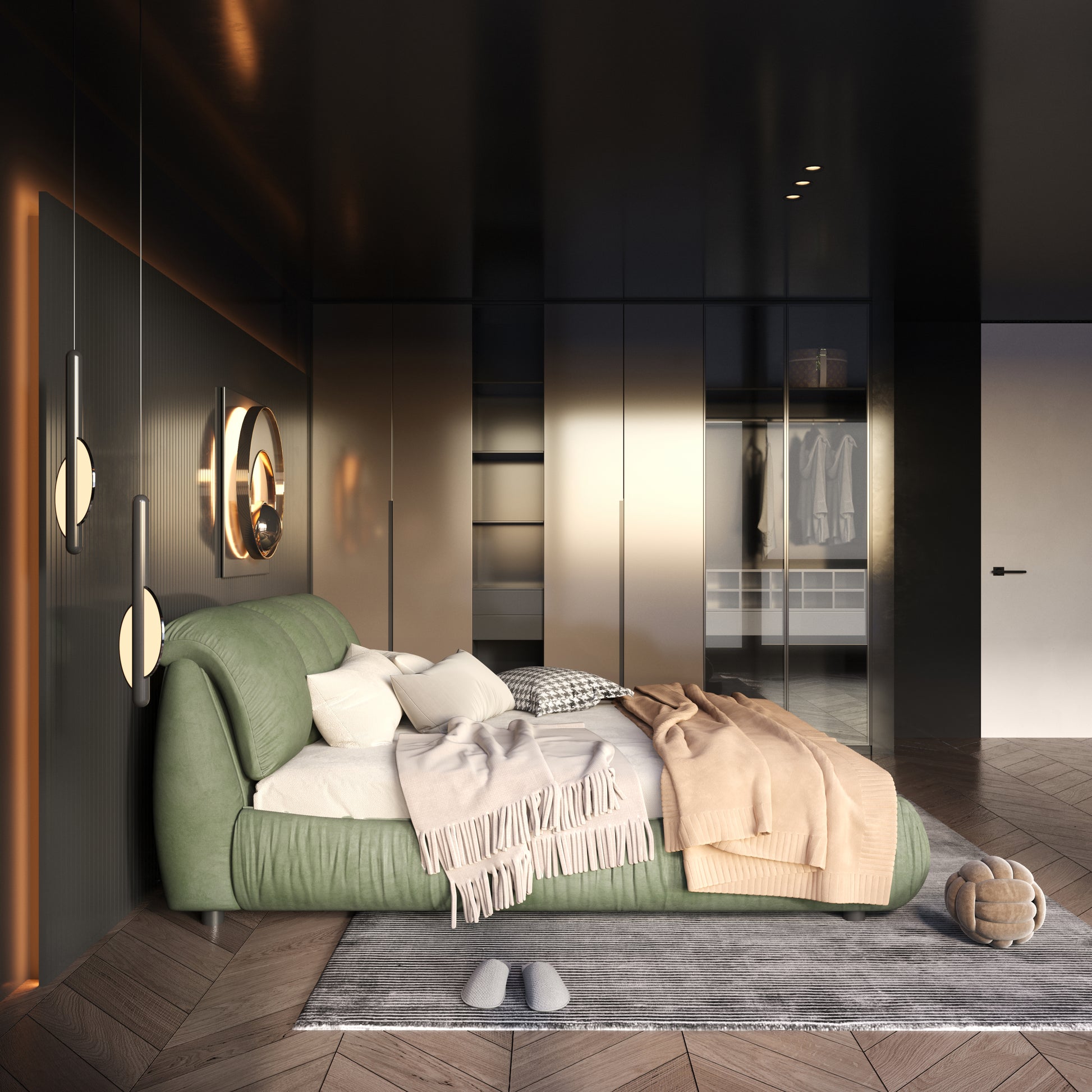 Green velvet bed with plush pillows and cozy throws