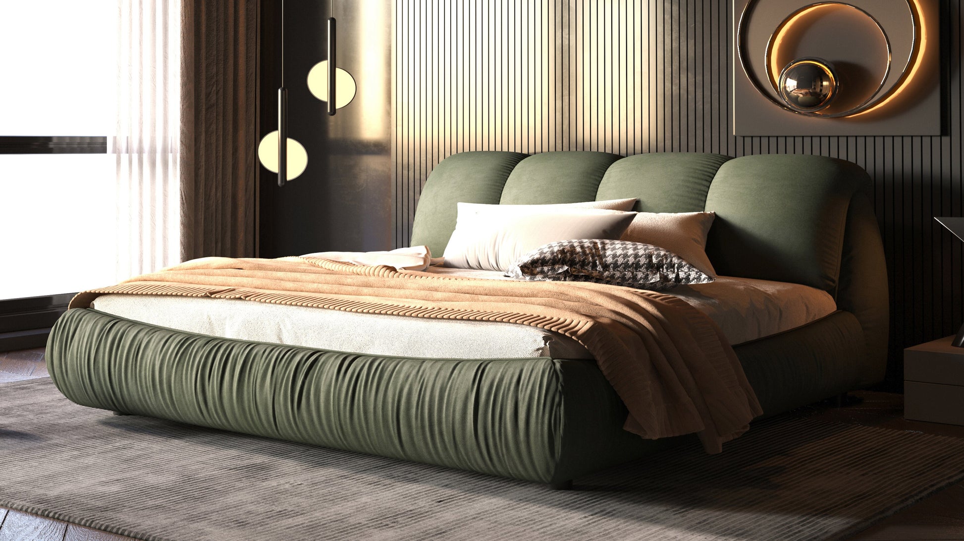Sage green velvet bed with tufted base and plush pillows perfect for a modern bedroom