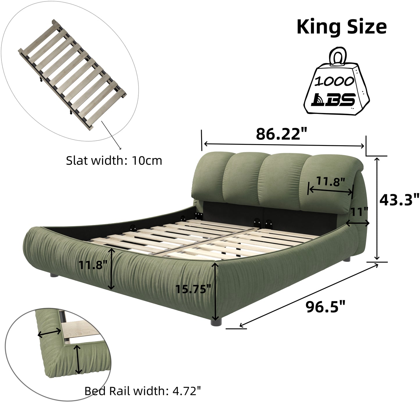 Sage green upholstered king size bed frame with plush headboard and wooden slats