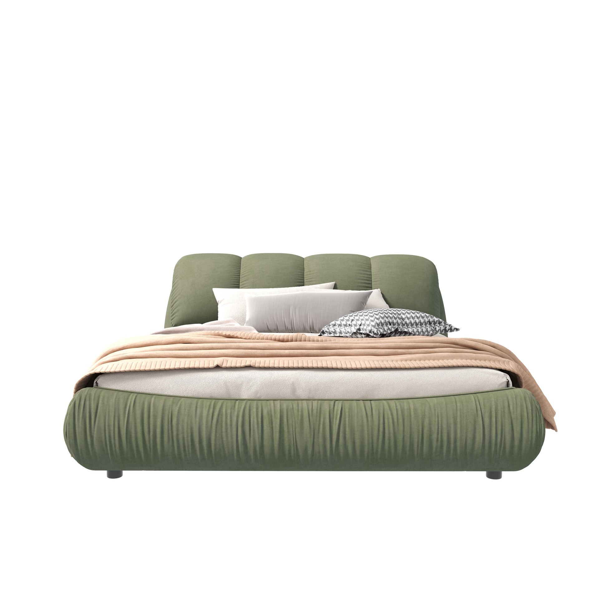 Tufted sage green velvet platform bed with a low profile and plush bedding