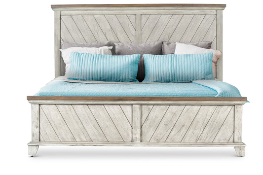 TREATLIFE HOME King Bed with Patterned Headboard and Footboard, Farmhouse-Inspired Design, Whitewashed Gray Finish