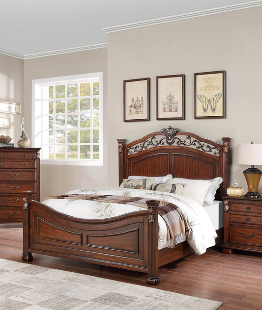 Ornate dark wood king size bed frame with decorative headboard and footboard