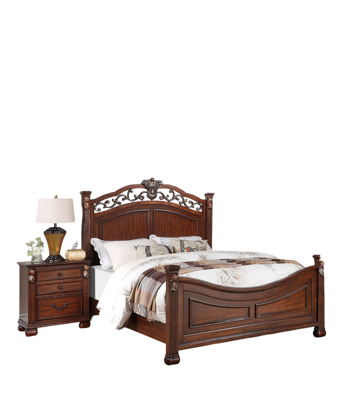 Ornate cherry wood traditional bed with carved headboard and footboard