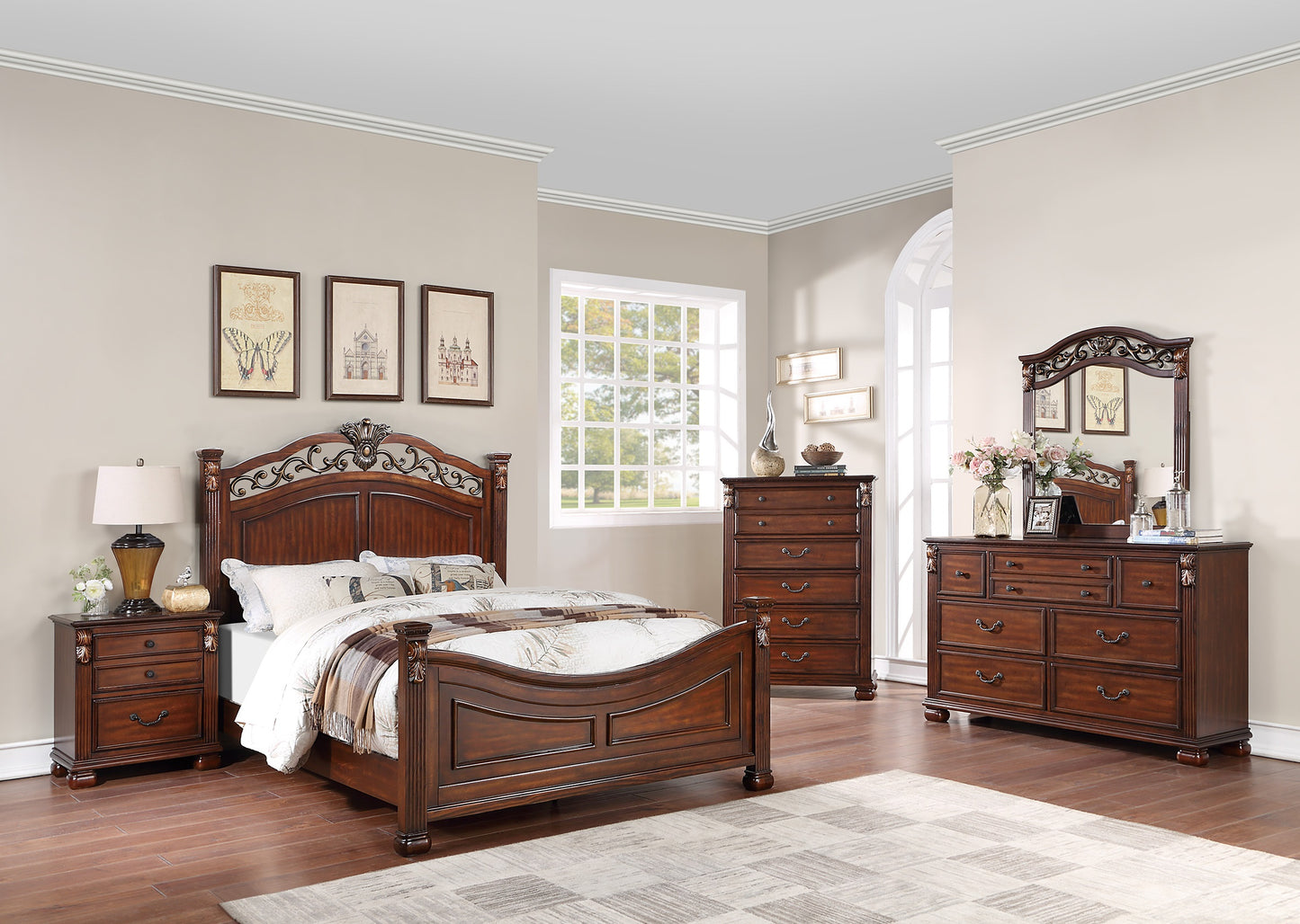 Ornate dark wood king size bed with decorative headboard and matching nightstand