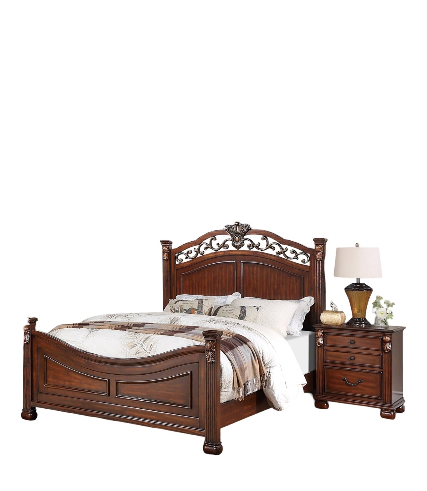 Dark wood ornate queen bed with decorative headboard and matching nightstand