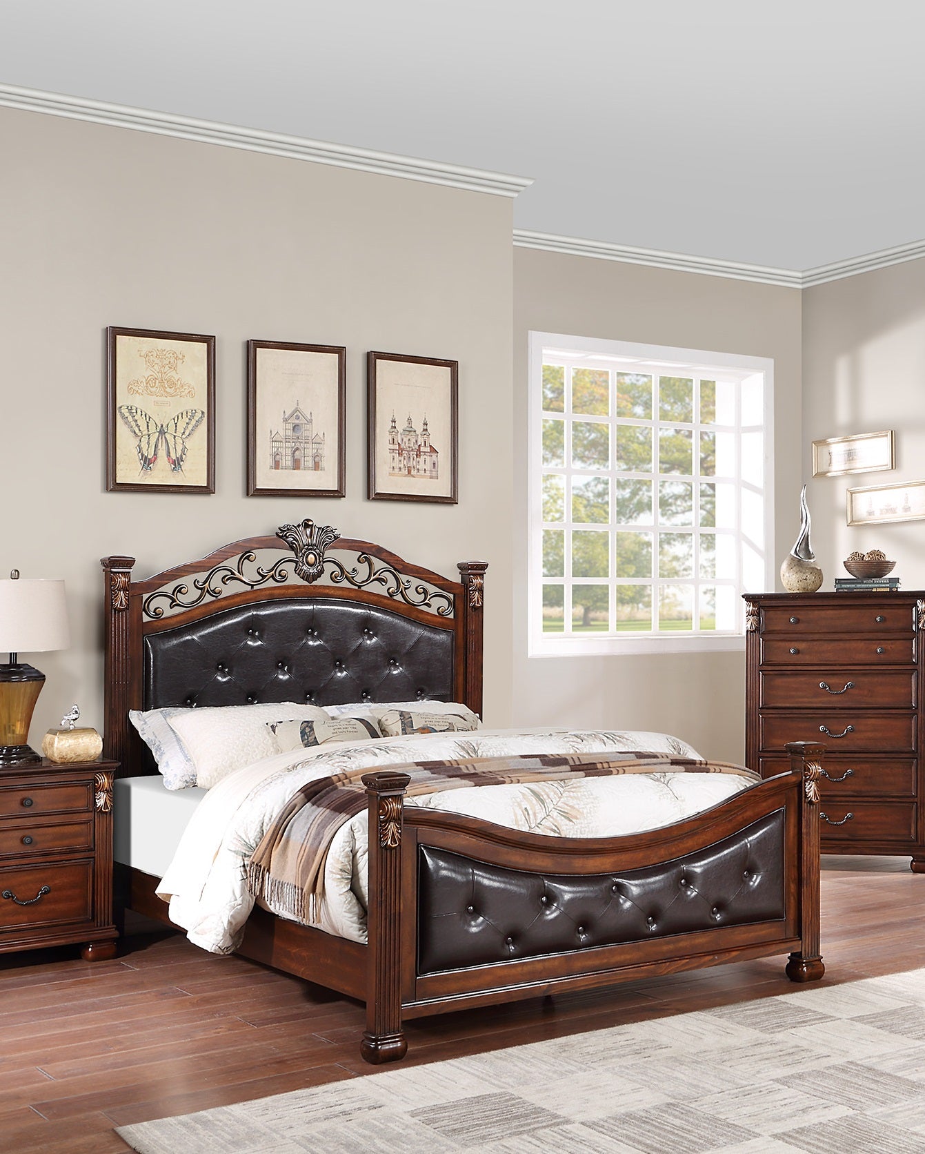 Ornate tufted dark brown leather headboard on a cherry wood ornate bed frame