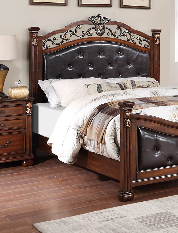 Elegant queen size bed with dark brown tufted leather headboard and carved wood accents