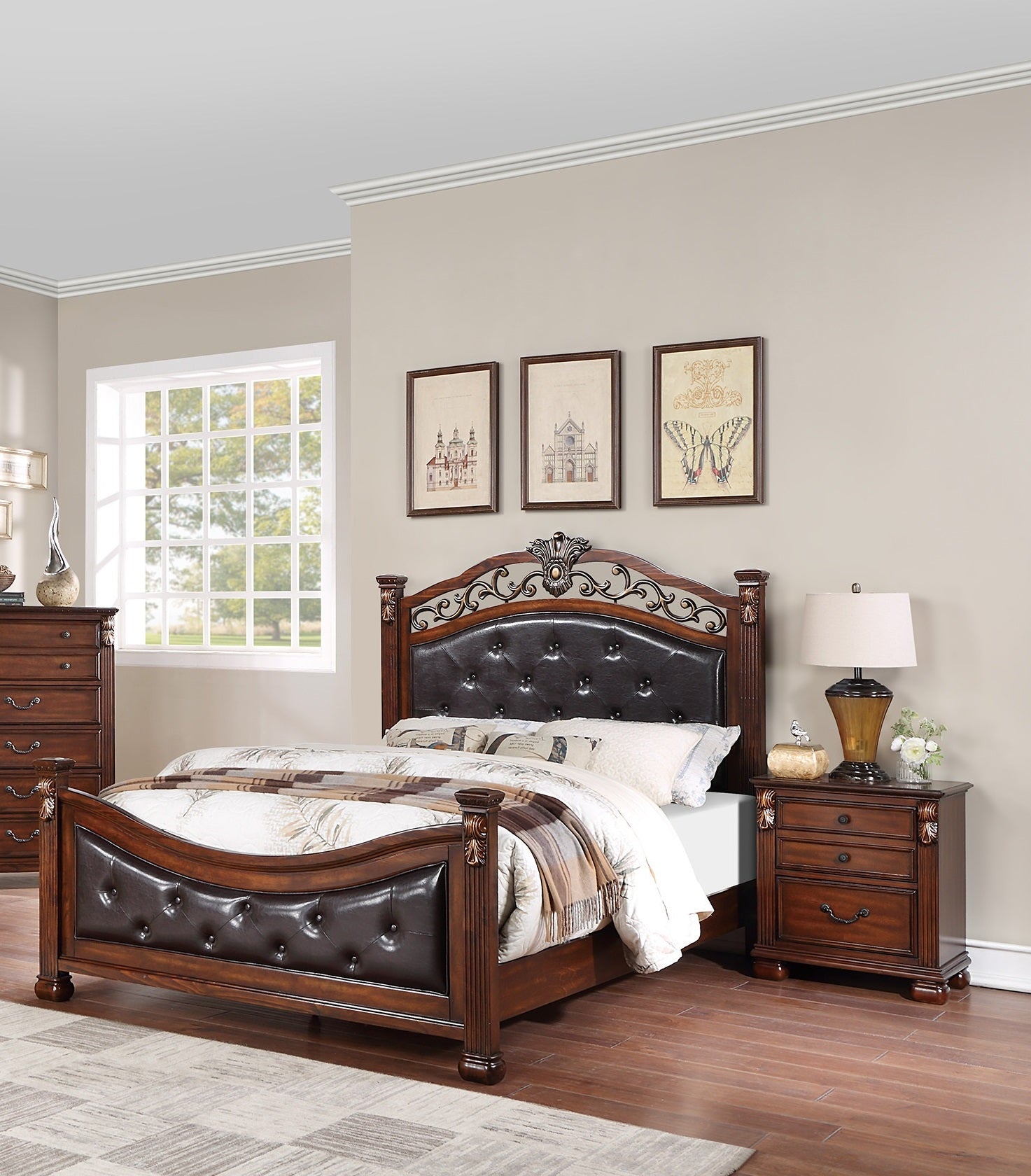 Dark brown tufted leather headboard ornate wood trim classic king bed frame