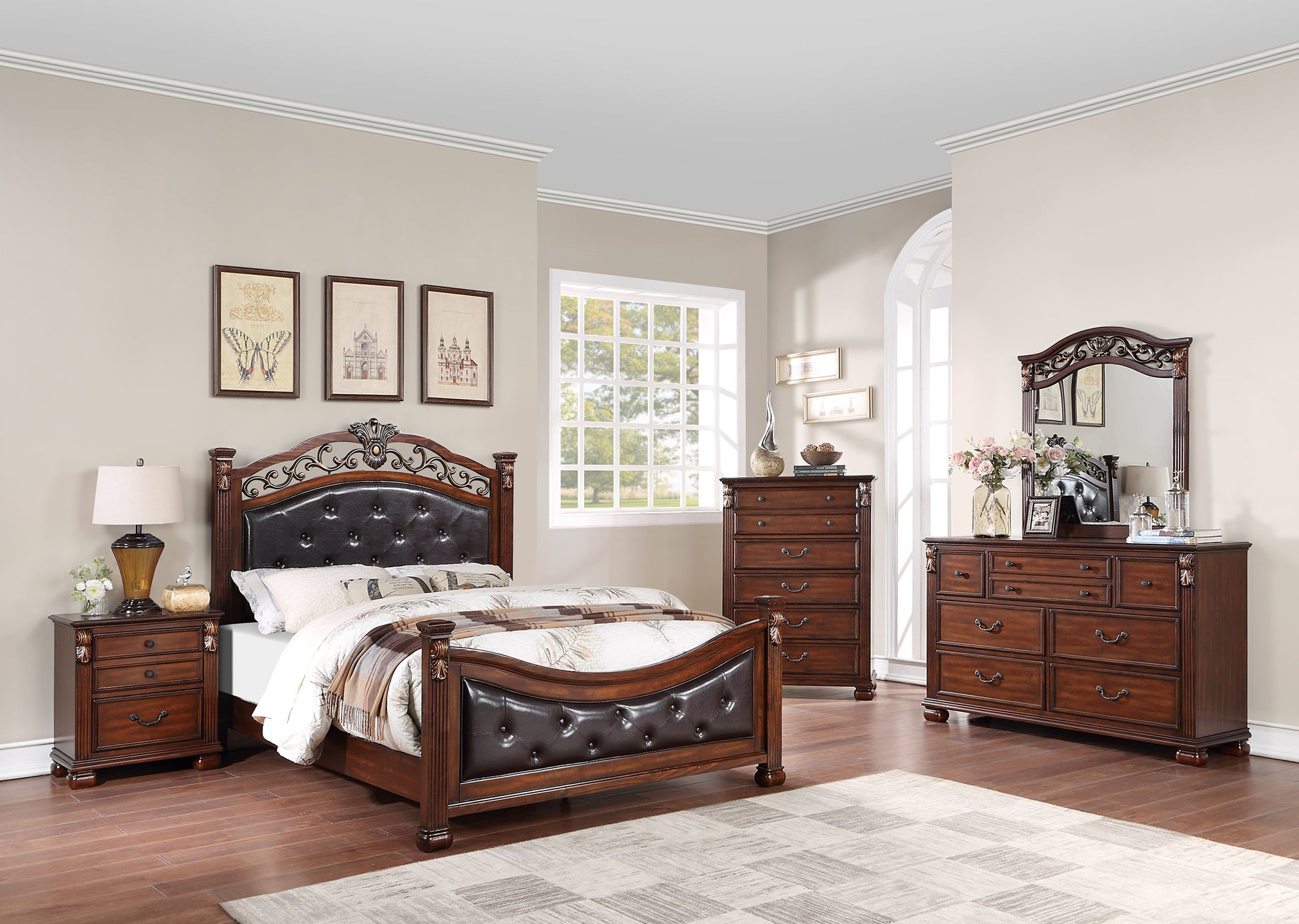 Dark brown wood tufted headboard king size bed with ornate detailing
