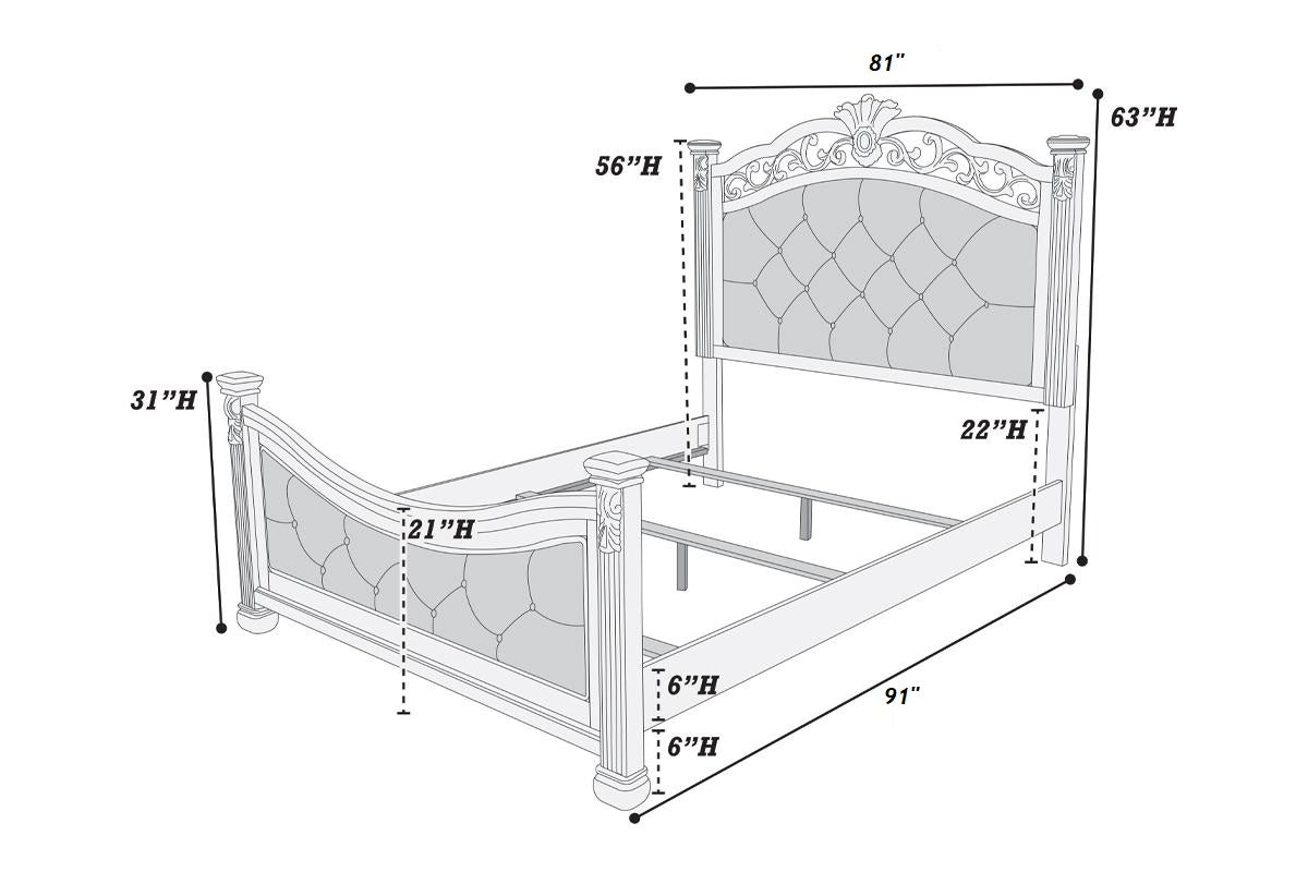 Ornate tufted headboard and footboard upholstered bed frame with detailed dimensions