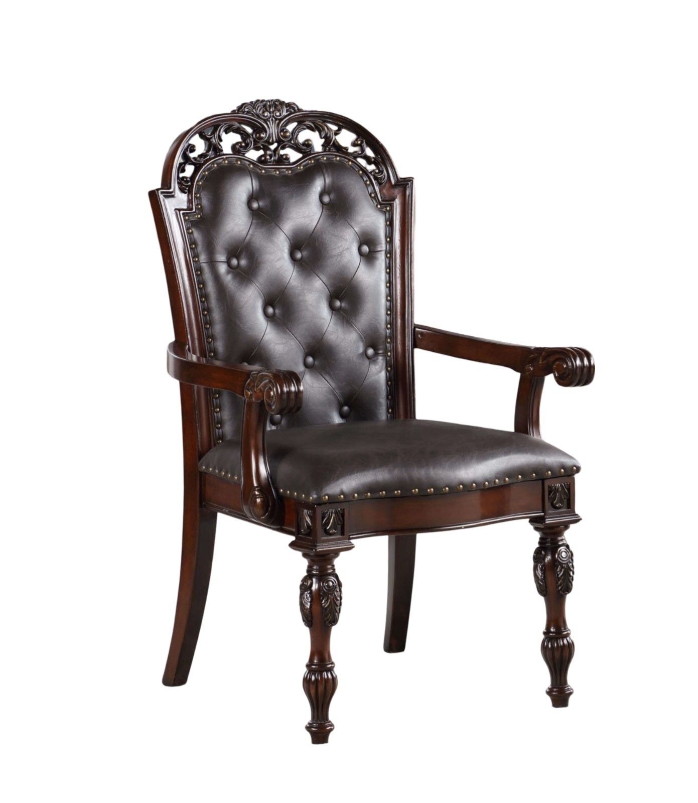 Dark brown tufted leather armchair with carved mahogany wood frame and ornate detailing