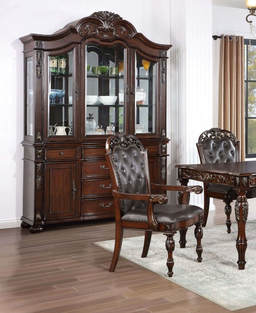 Ornate dark wood china cabinet with glass doors ornate carvings and multiple shelves ideal for dining room storage
