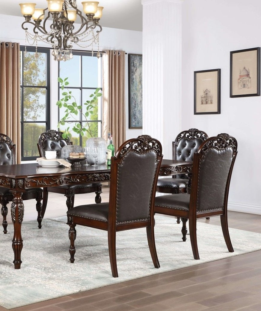 Dark brown leather upholstered dining chair with ornate carved wood frame