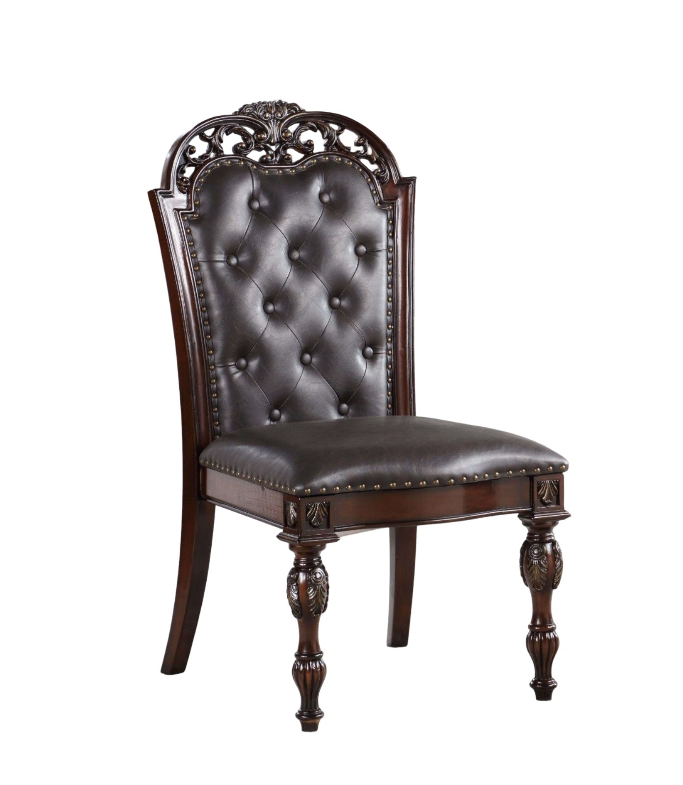 Dark brown tufted leather upholstered dining chair with ornate carved wooden frame and legs
