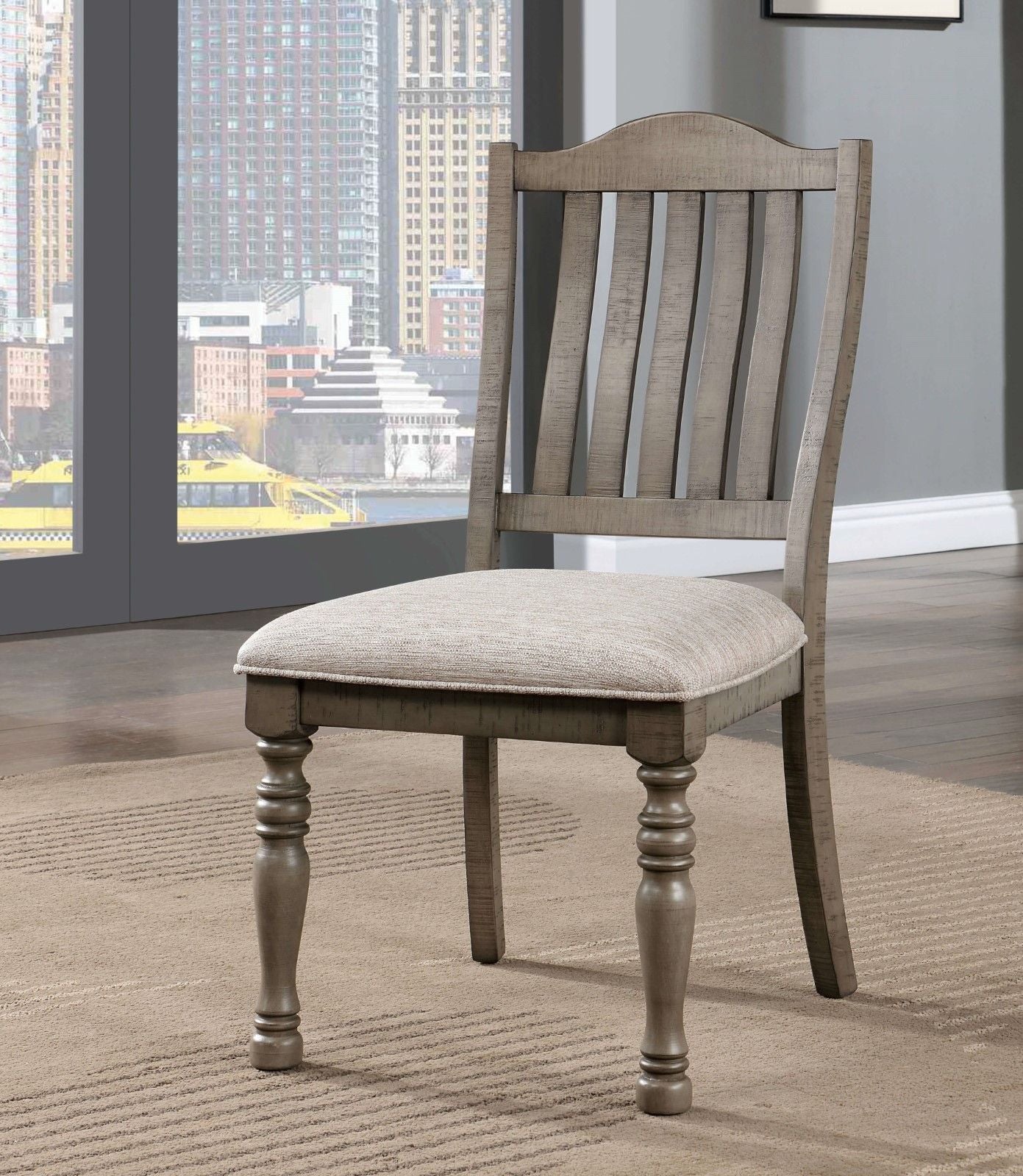 Rustic distressed wood dining chair with upholstered seat