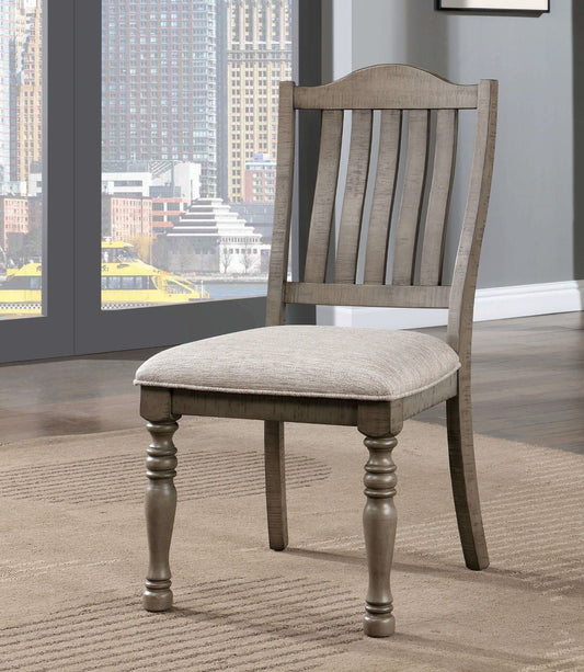 Rustic distressed wood dining chair with upholstered seat