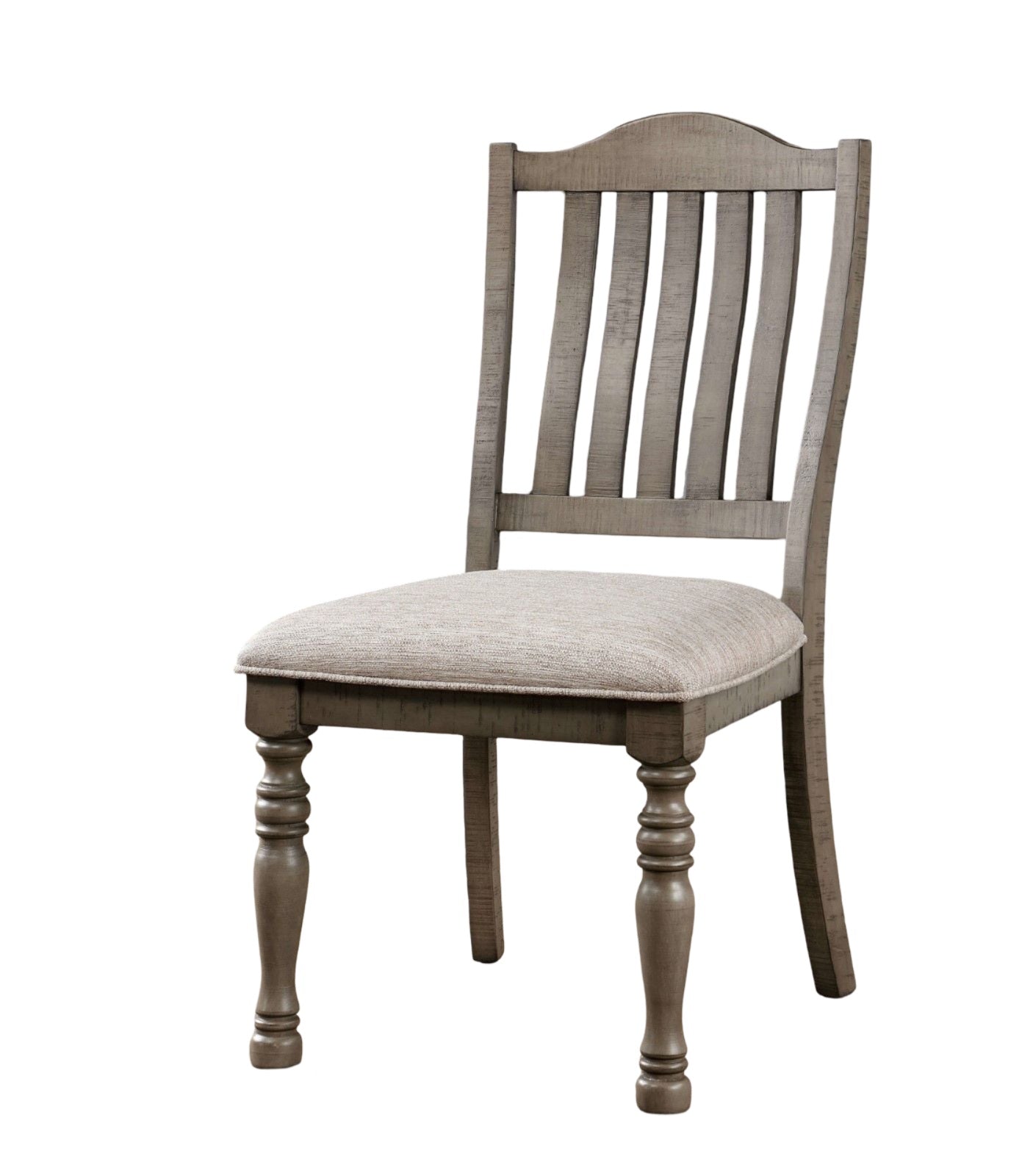 Distressed grey wood dining chair with slatted back and beige upholstered seat
