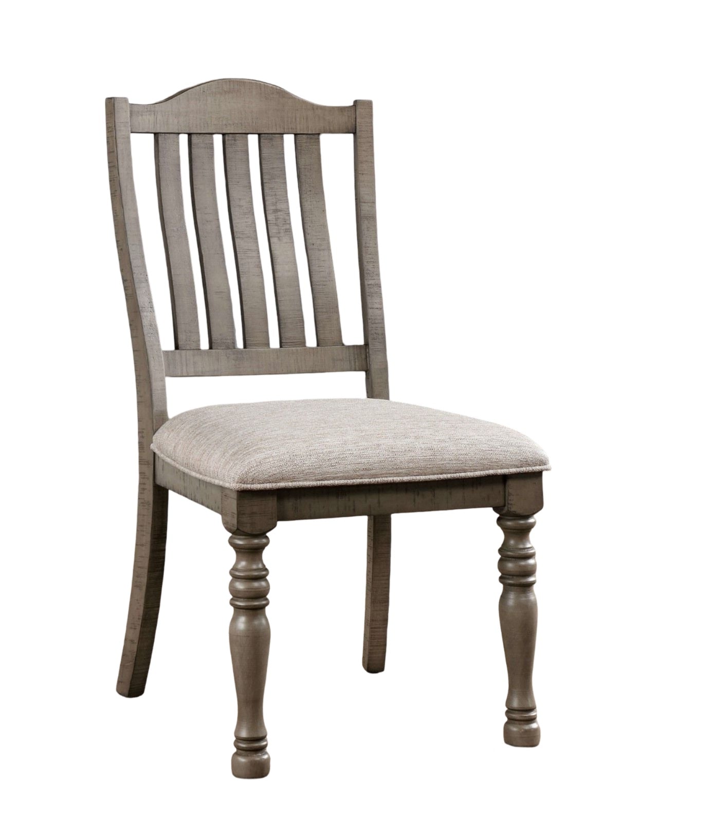 Gray wooden dining chair with upholstered seat and slatted back