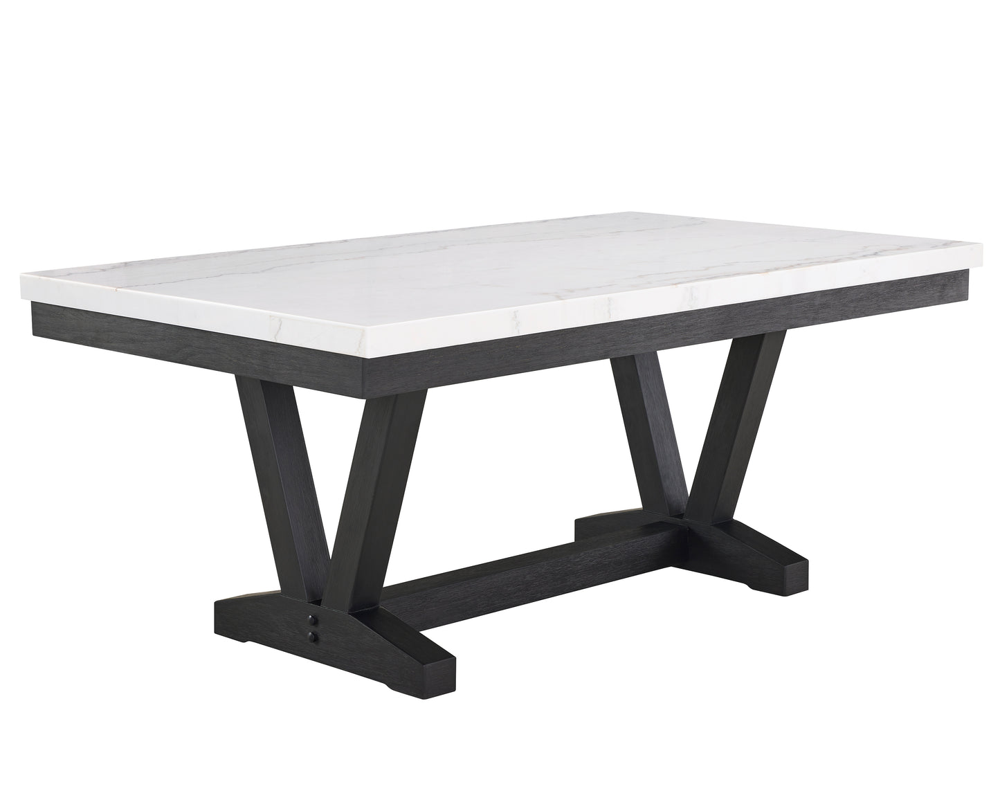 Rectangular marbletop dining table with a dark wood pedestal base