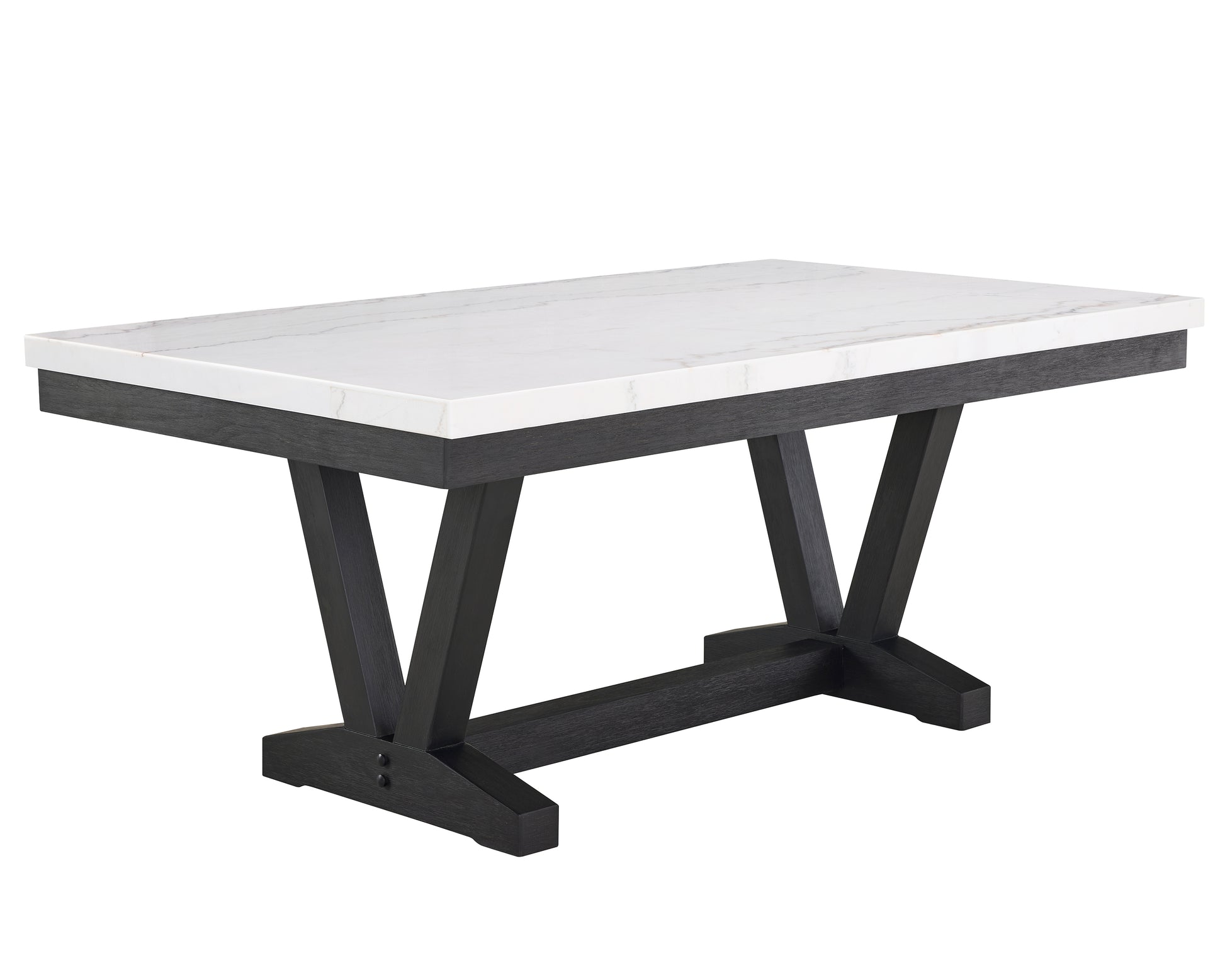 Rectangular marbletop dining table with a dark wood pedestal base