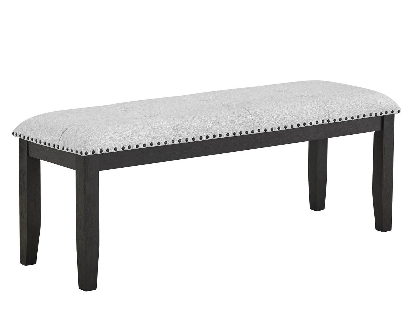 Tufted grey fabric bench with dark wood legs and silver nailhead trim accents