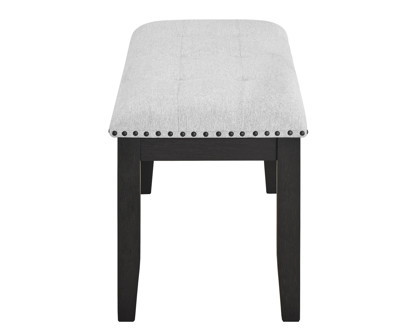 Tufted light grey upholstered bench with dark wood legs and studded trim