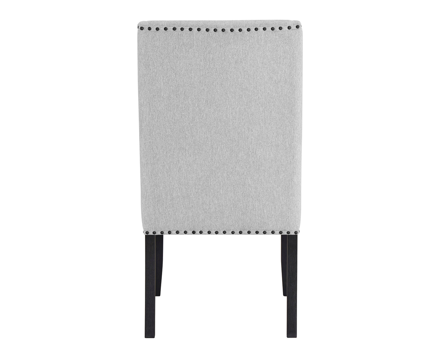 Elegant gray upholstered dining chair with studded trim and dark wood legs