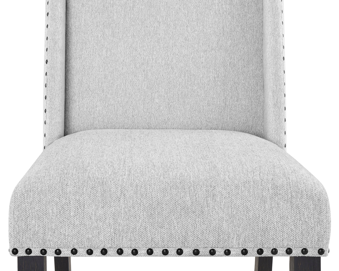 Light gray upholstered dining chair with dark wood legs and decorative nailhead trim