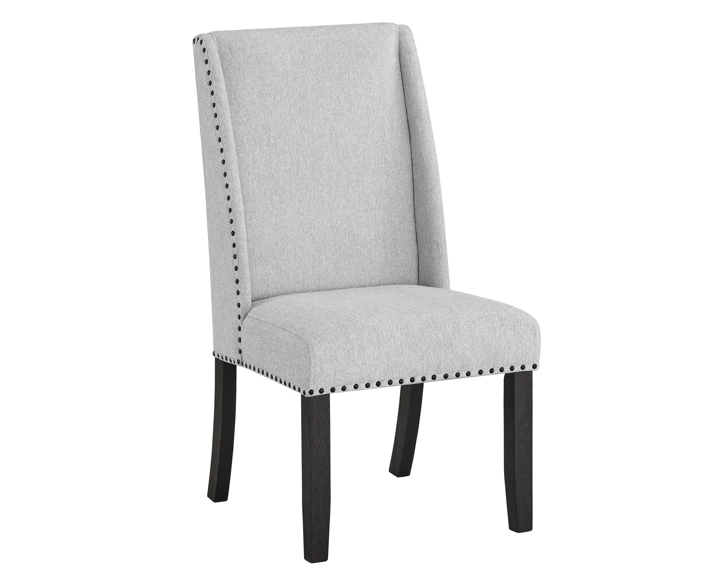 Light grey fabric dining chair with nailhead trim and dark wood legs