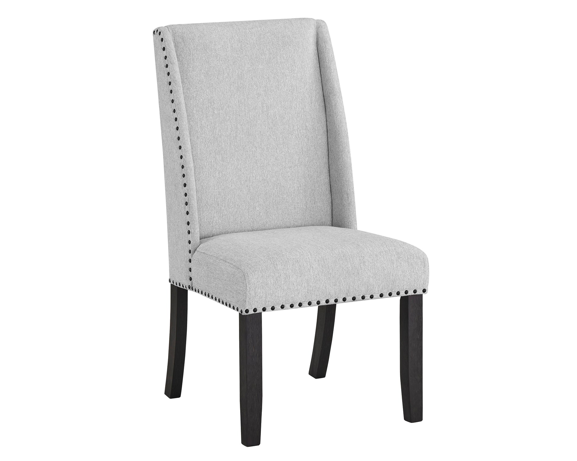 Light grey fabric dining chair with nailhead trim and dark wood legs