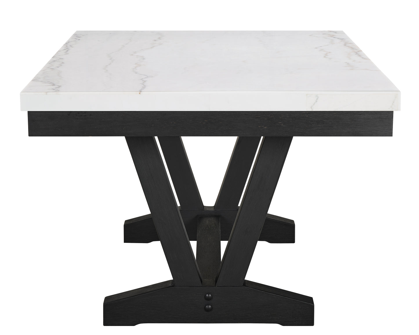 White marble top dining table with dark wood trestle base